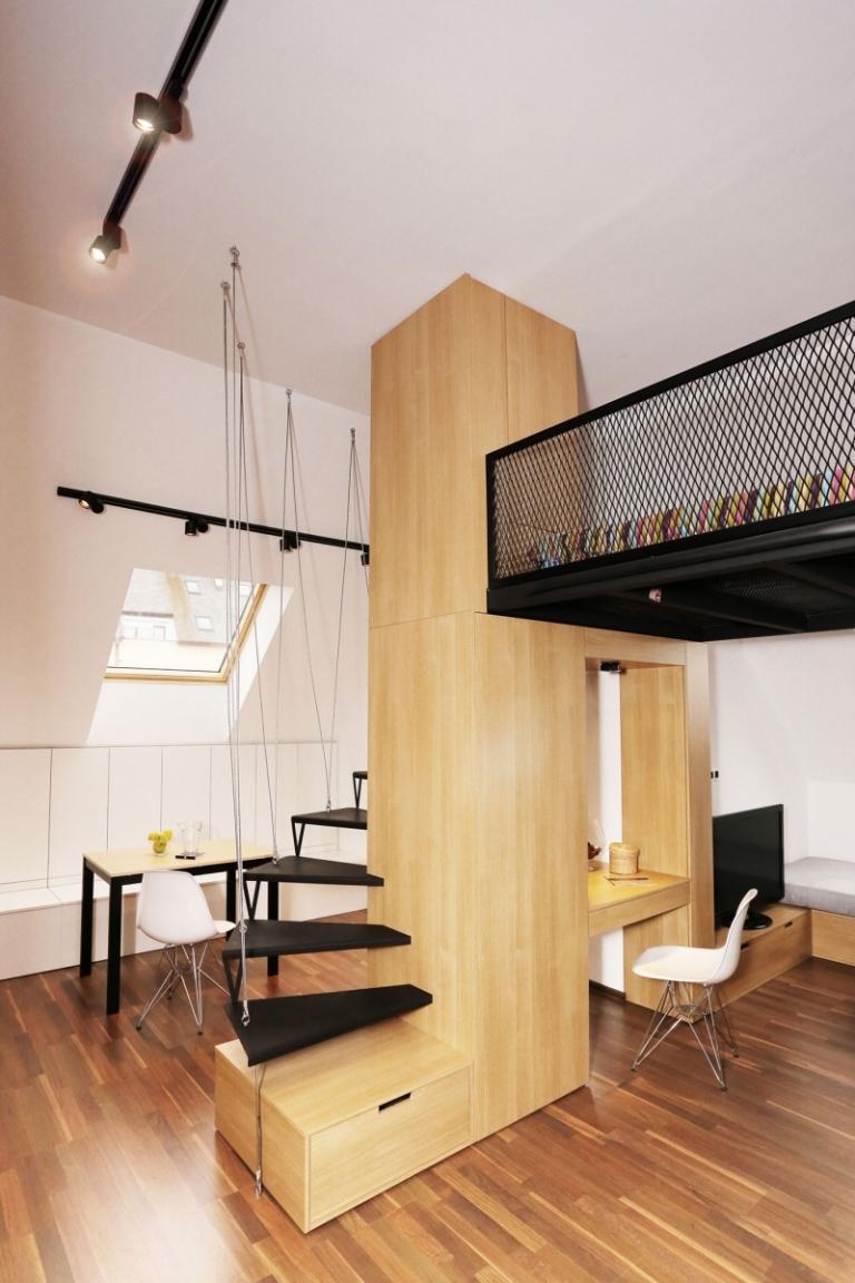 Inredning-små-rum-ett-rum-lägenhet-trä-laminat-golv-säng-nivå-arbetsstation