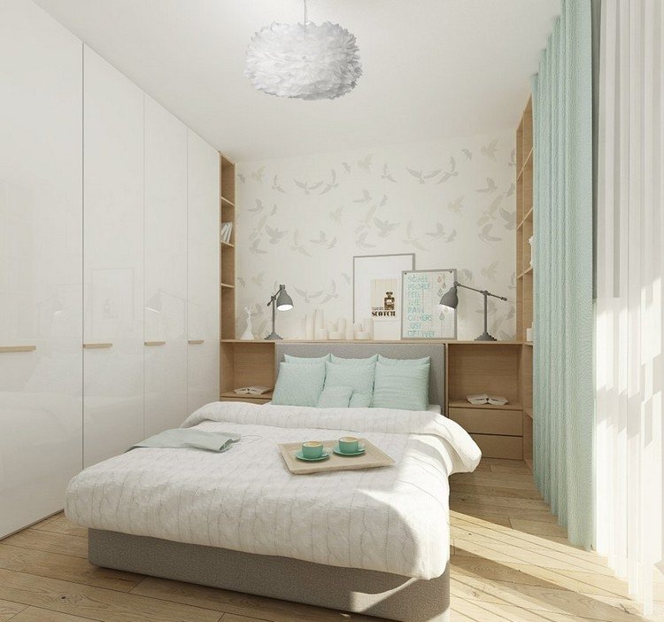 Färga små rum sovrum-vit-mint-grönt-ljust trä