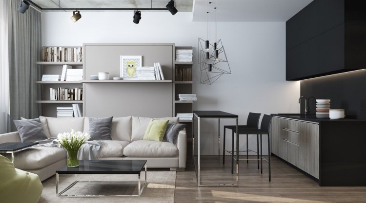 Inred en liten lägenhet -30kvm-soffa-kök-svart-vit-