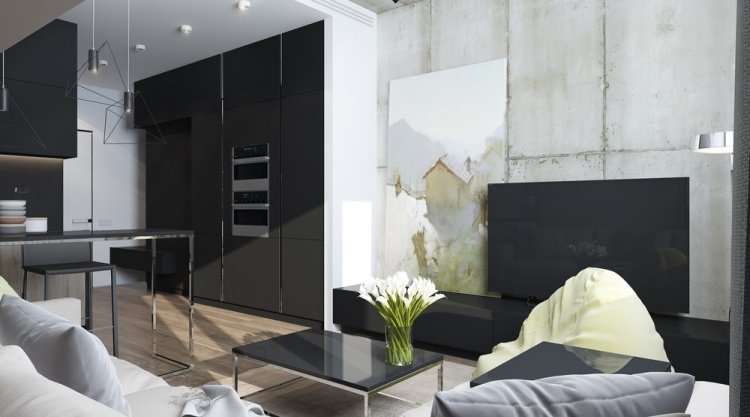 Inred en liten lägenhet -30kvm-industriell-design-högglans-antracit-reflekterande