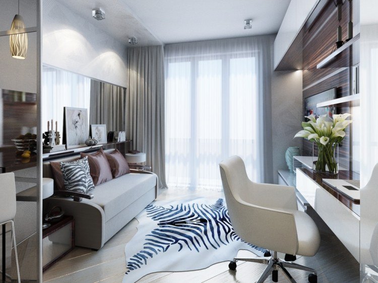 liten-lägenhet-möblering-30sqm-modern-ljus-högglans-yta-zebra-matta