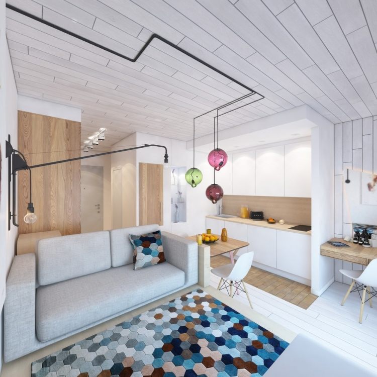 liten-lägenhet-inredning-30sqm-modern-skandinavisk-vit-industri-lampor-matta-färgglada
