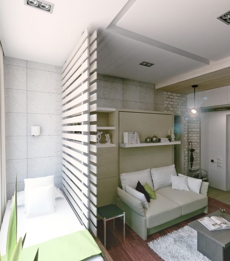 liten-lägenhet-möblering-30sqm-sov-plats-skiljevägg-vägg-lamell-vit
