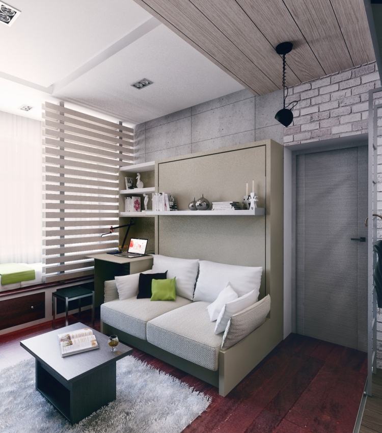 liten lägenhet-möblering-30sqm-skrivbord-hopfällbar-säng-funktionell-modern-design