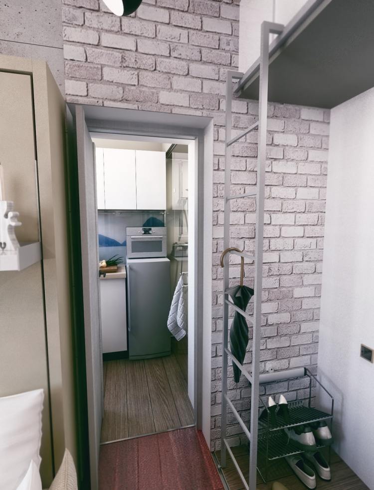 liten-lägenhet-möblering-30sqm-hall-inbyggda garderober-stege-sko-rack