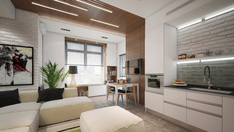 liten-lägenhet-inredning-30sqm-ljus-modern-tegel-vägg-kök-vit