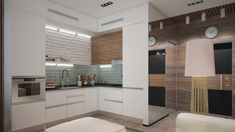 liten lägenhet-uppsättning-30sqm-inbyggt kök-vit-modern-design-kök-vardagsrum