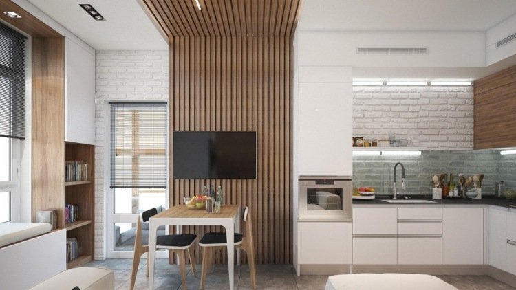 liten lägenhet-inredning-30sqm-inbyggt kök-vit-matplats-plats-väggbeklädnad-trä