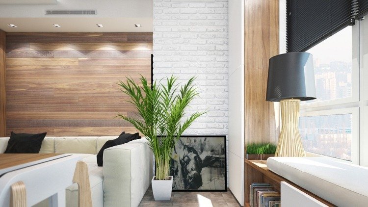 liten-lägenhet-inredning-30sqm-modern-vägg-beklädnad-trä-ljus-fönsterbrädan