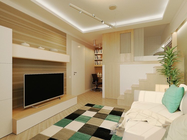 liten-lägenhet-inredning-30sqm-levande-vägg-vit-trä-ljus-soffa-mint grön-accenter