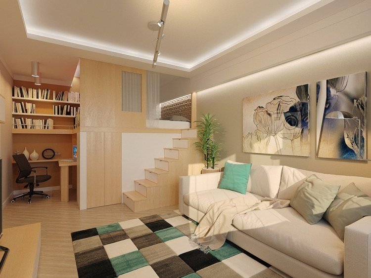 liten-lägenhet-möblering-30sqm-vit-soffa-ljus-trä-mint grön-accenter