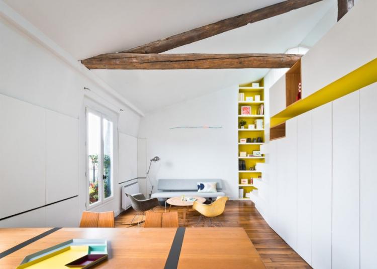 liten lägenhet-möblering-vardags-idéer-30 kvm-vardagsrum-vit-parkett-golv-gul-accent