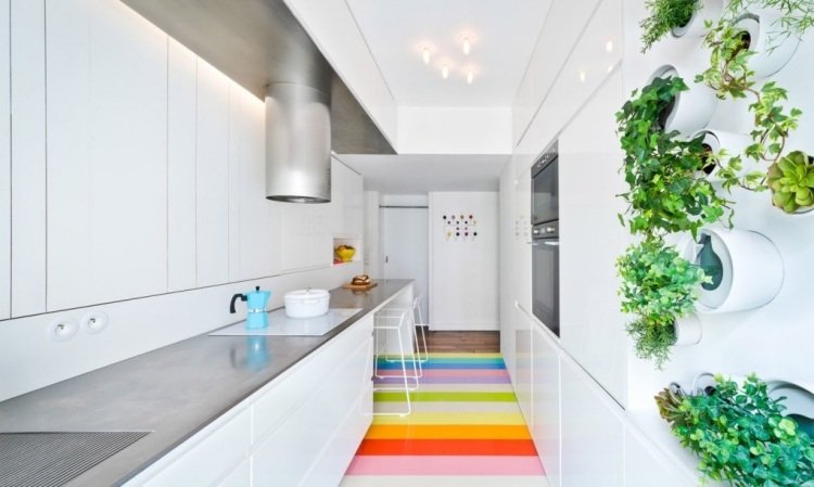 liten lägenhet-möblering-levande-idéer-30 kvm-kök-vit-högglans-modern-färg accenter