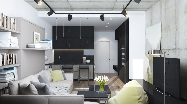 Inred en liten lägenhet -30 kvm-rum design-ett-rum-lägenhet-studio-svart-vit