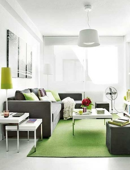 Liten lägenhet hörnsoffa grön och vit