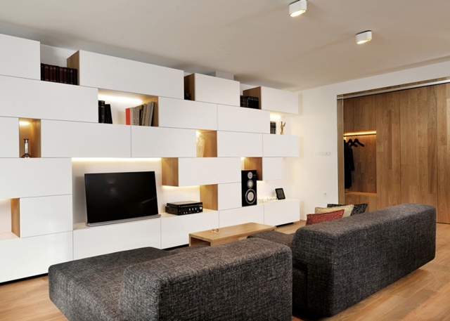 Klädda möbelböcker förvaringsutrymme tv träklädd vägg