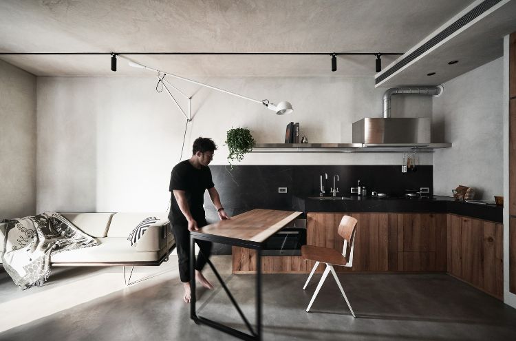 sofflampa roterbar bordsstol betong golv tak belysning kök modern design