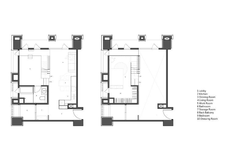 lägenhet med entresol loftsäng träpanelhyllor vit användning av rymden enrumslägenhet atelier design planlösning