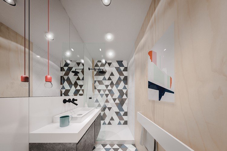 små-lägenheter-inredning-moderna-badrum-design-orange-färg-accent-vägg-geometriska-mönster