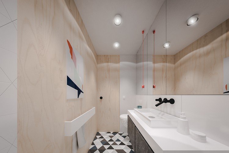 små-lägenheter-inredning-moderna-badrum-trä-kakel-stora-spegel-geometriska-mönster