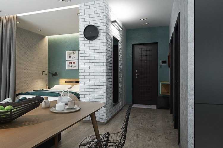 små-lägenheter-inredning-rum-delning-gardiner-vägg-design-sten-optik