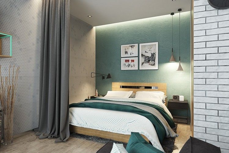 små-lägenheter-inredning-sovrum-gardiner-rumsavdelare-vit-grön-modern