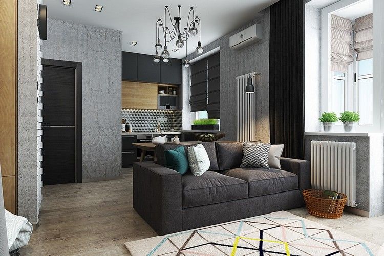 små-lägenheter-dekorera-smart-vardagsrum-grå-vägg-matta-geometriska-mönster