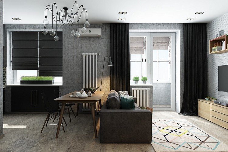 små lägenheter-möblering-platsbesparande-vardagsrum-matsal-grå-svart-balkong