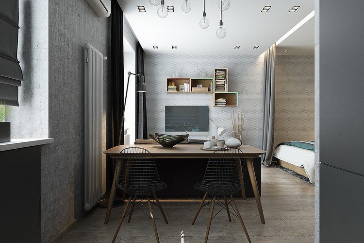 små lägenheter-möblering-matplats-gråtoner-matbord-trä-hög-radiatorer