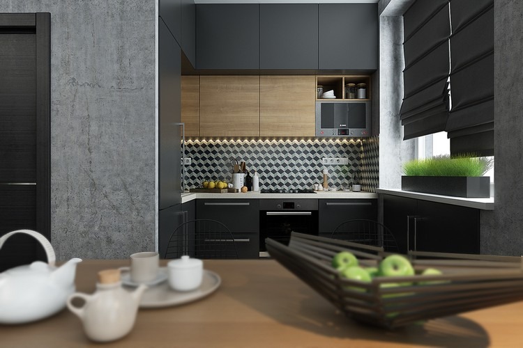 små-lägenheter-inredning-kök-modernt-kök-bak-vägg-geometriska-mönster