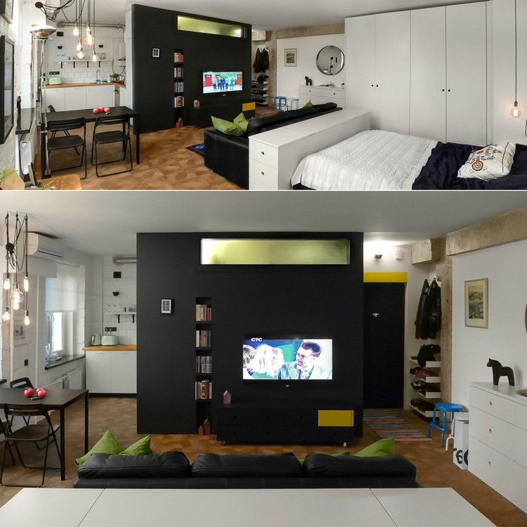 små-lägenheter-inredning-lägenhet-ett-rum-lägenhet-rum avdelare-tv-bokhylla-vägg nisch