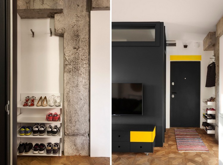 små lägenheter-inredning-entré-garderob-sko-byrå-vardagsrum-svart-gul