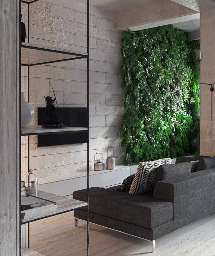 små lägenheter-inredning-vardagsrum-minimalistisk-hylla-grå-soffa-krukväxter