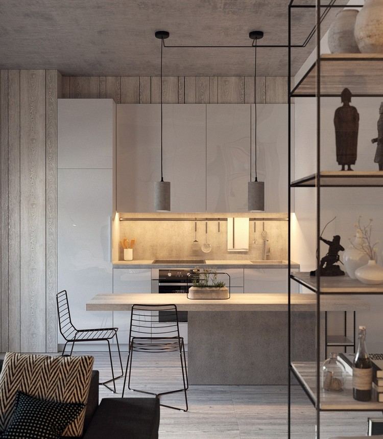 små-lägenheter-inredning-industriell-stil-betong-optik-modern-möblering-kök