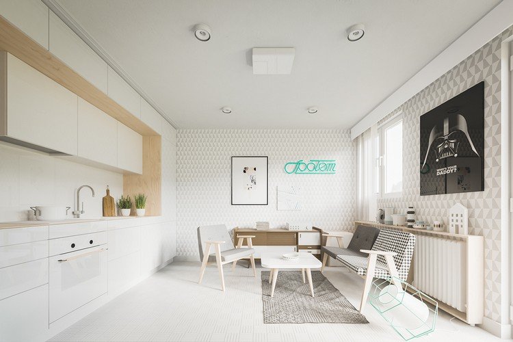 Små lägenheter inrättade vit-ett-rum-lägenhet-tapeter-grå-geometriska-mönster