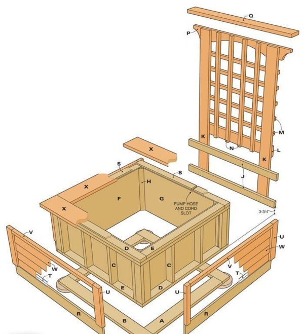 Trädgårdsdamm pergola trägitter skiss montering
