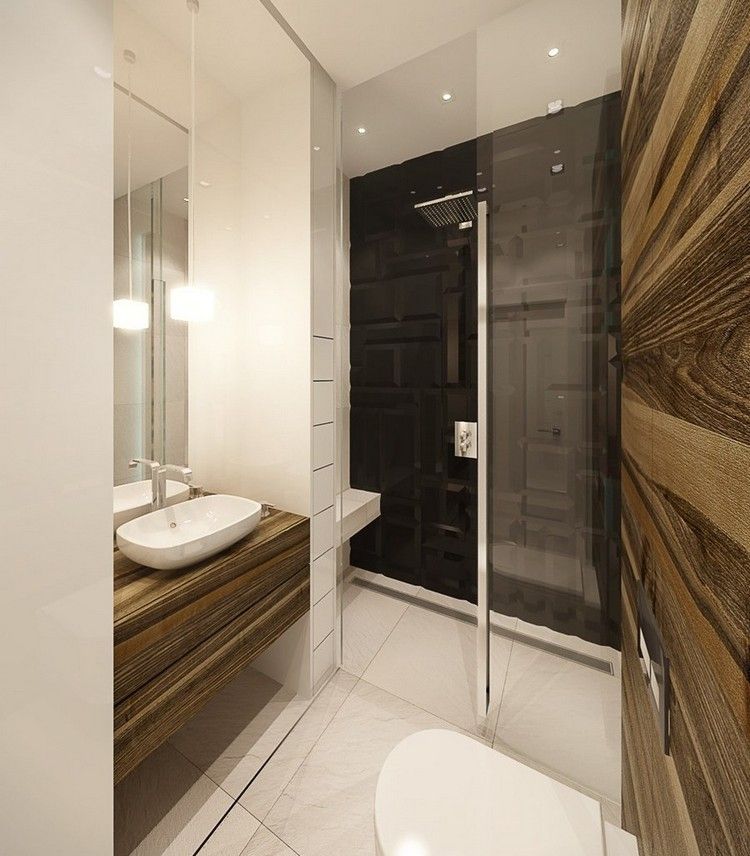 litet badrum-inredning-walk-in-glass-dusch-3d-vägg-kakel-svart-kakel-trä-look