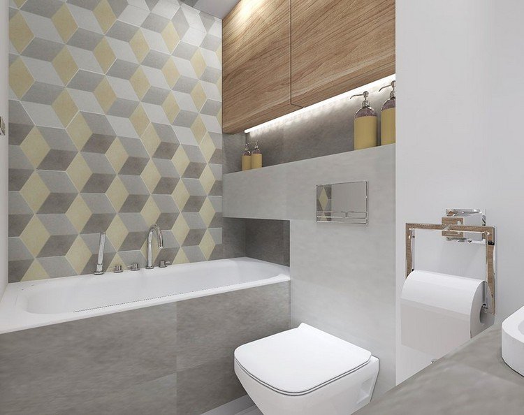 Små-badrum-wellness-oas-grå-kakel-sten-look-pastell-gul-accenter-led-remsor-trä-skåp