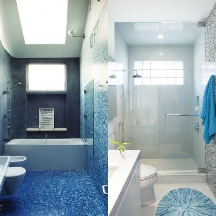 litet-badrum-blå-vitt-kakel-mosaik-badkar-glas dusch-fönster