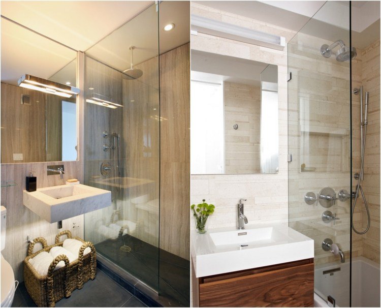 Små badrum duschglas partition väggplattor natursten look