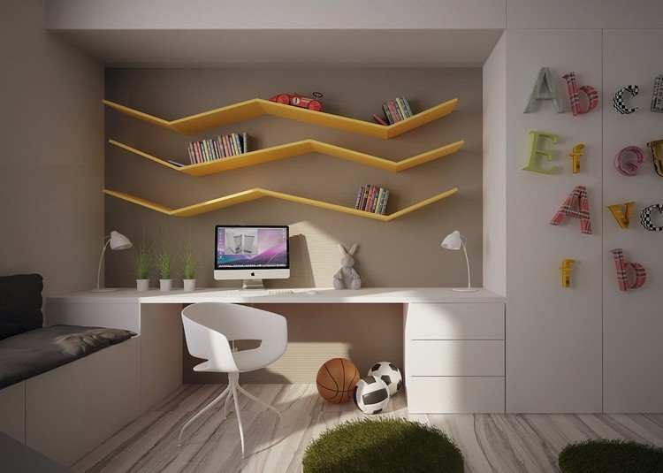 Små barnrumsdesign-ungdomsrum-moderna-gula-vägghyllor-vita-möbler