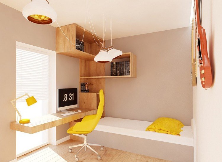 små-barn-rum-inredning-idéer-beige-vägg-färg-trä-skrivbord-hyllsystem-