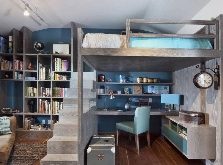 små-barn-rum-inredning-idéer-loft-säng-skrivbord-nedan