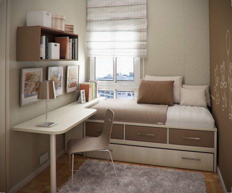 litet-barnrum-inredning-design-säng-säng-förvaring-skrivbord-beige-brun