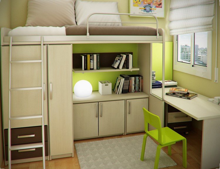 litet-barnrum-interiör-design-loft säng-garderob-grön-vägg-färg
