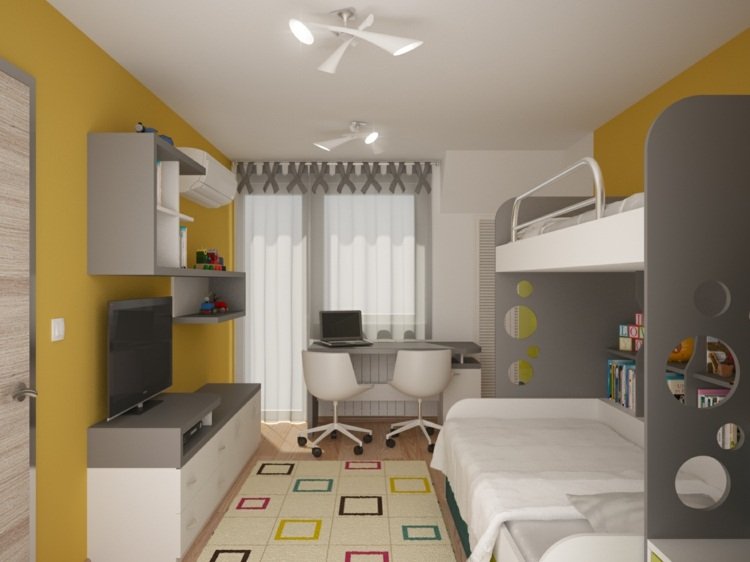 litet barnrum gul vägg färg grå möbler loft säng vägg enhet