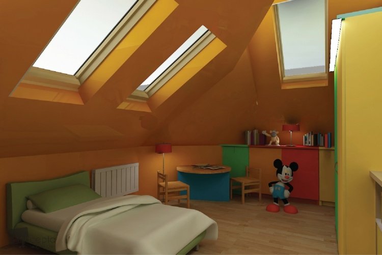 litet barnrum sluttande tak orange väggdesign grön säng