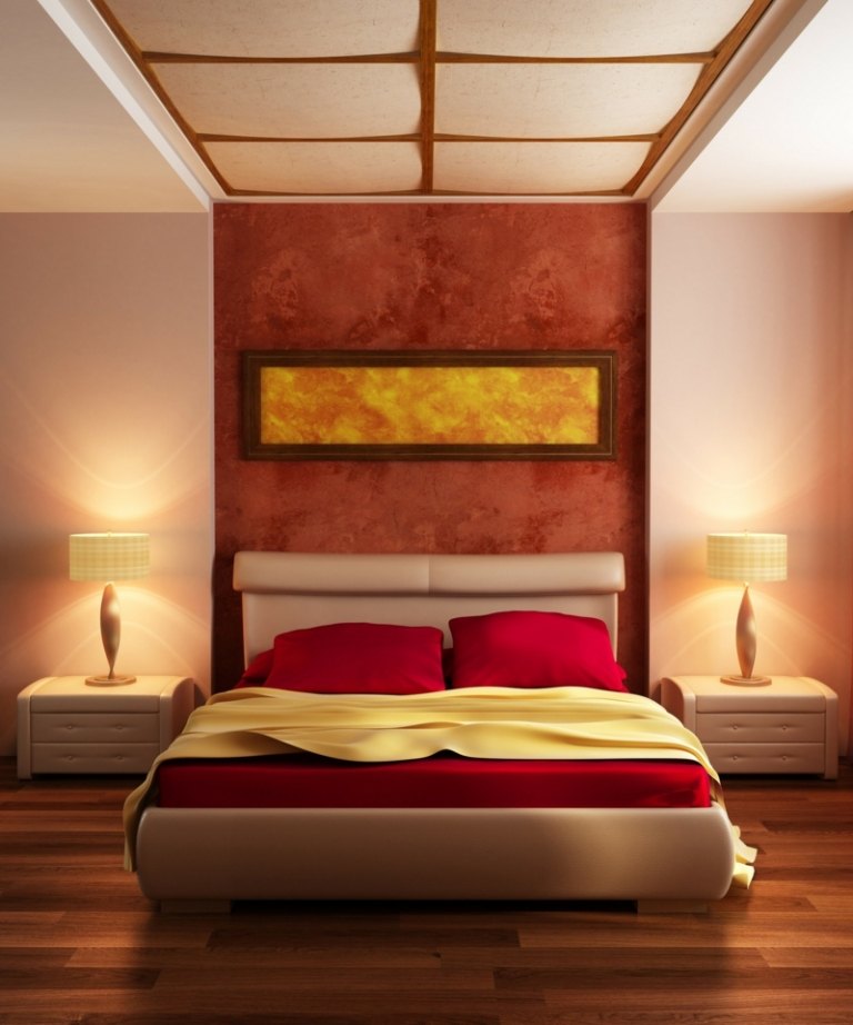 litet sovrum röd accent vägg natt skåp sänggavel vit säng