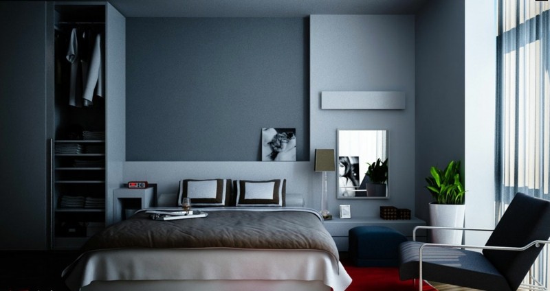 litet sovrum minimalistisk grå designstol läderinredning