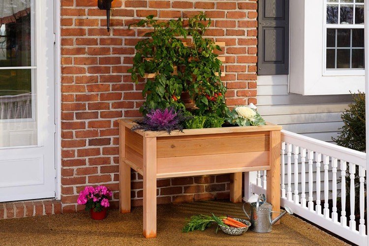 Bord upphöjd säng balkong-trä-grönsaker-spaler-kål-tomater